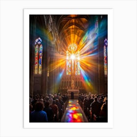 Cathedral Bathed In The Ethereal Glow Of Sunrise During Sunday Worship Congregants In Vibrant Attir (1) Art Print