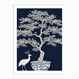 Navy Chinoiserie Peacock And Tree Art Print