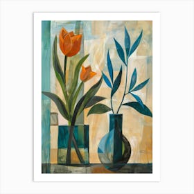Orange Tulips In Blue Vases Art Print