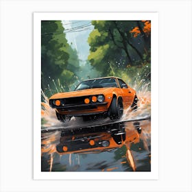 Car Driving Through A Puddle Art Print