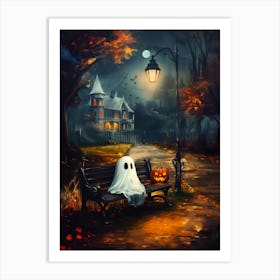 A Cute Ghost With A Pumpkin Lantern Art Print