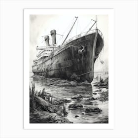 Titanic Ship Wreck Charcoal Sketch 3 Art Print