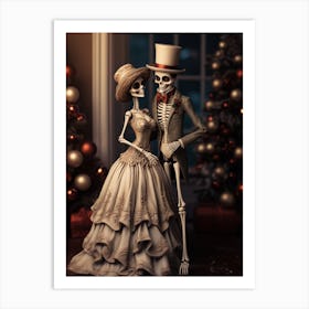 Two Skeletons Are Standing Next To A Christmas Tree Art Print