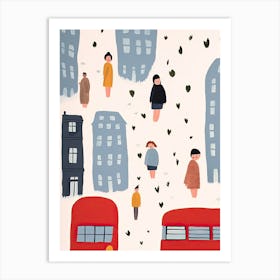 London Spring Red Bus Scene, Tiny People And Illustration  Art Print