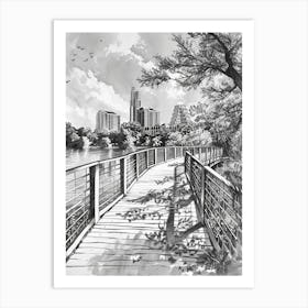 Lady Bird Lake And The Boardwalk Austin Texas Black And White Drawing 1 Art Print
