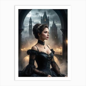 Digital Painting of Gorgeous Victorian Woman with Classic London City Scenery #1 Art Print