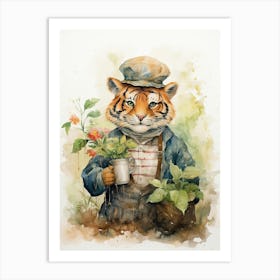 Tiger Illustration Gardening Watercolour 3 Art Print