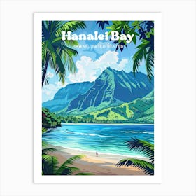 Hanalei Bay Hawaii Tropical Island Digital Travel Art Póster