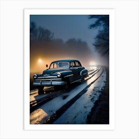 Old Car On The Road At Night Art Print