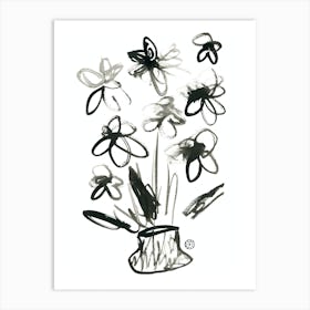 Inked Flowers - black and white minimal minimalist drawing line ink Art Print