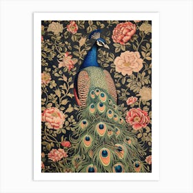 Vintage Peacock Wallpaper With Vibrant Flowers  4 Art Print