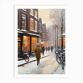 Amsterdam cafes, winter season, Christmas, autumn oil colors, pale colors, pedestrians in the street, winter clothes, falling snow.1 Art Print