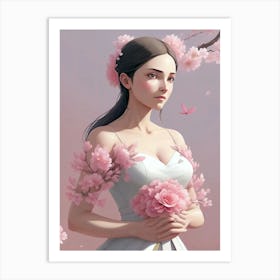 Chinese Girl With Cherry Blossoms Art Print