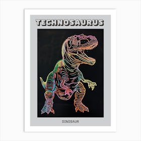 Neon Rainbow Dinosaur Line Illustration With Black Background 1 Poster Art Print