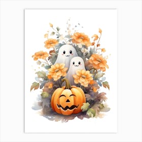 Cute Ghost With Pumpkins Halloween Watercolour 57 Art Print
