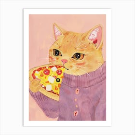 Brown Cat Pizza Lover Folk Illustration 4 Art Print