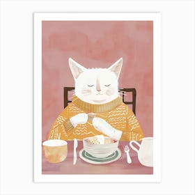 White And Tan Cat Having Breakfast Folk Illustration 1 Art Print