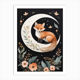 Floral Cute Fox Watercolor Moon Paining (30) Art Print