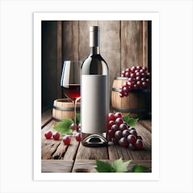 Wine Bottle, glass of red wine And Grapes On Wooden Background Art Print