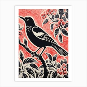 Vintage Bird Linocut Magpie 1 Art Print