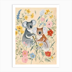 Folksy Floral Animal Drawing Koala Art Print