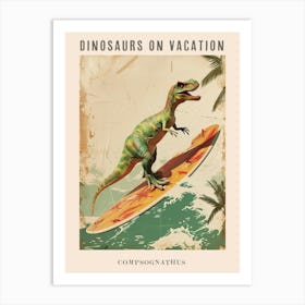 Vintage Compsognathus Dinosaur On A Surf Board 2 Poster Art Print