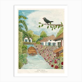 Giethoorn Watercolor Print - Dutch Venice Landscape - Netherlands Travel Art - Bird Illustration, Dutch Wall Decor Art Print