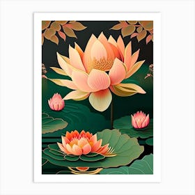 Blooming Lotus Flower In Lake Retro Illustration 4 Art Print