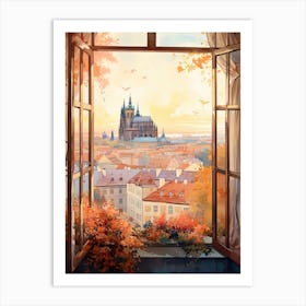 Window View Of Prague Czech Republic In Autumn Fall, Watercolour 2 Art Print