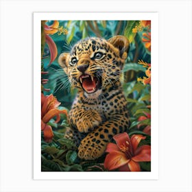 A Happy Front faced Leopard Cub In Tropical Flowers 2 Art Print