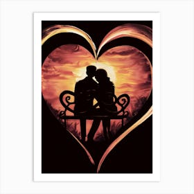 Couple Sitting On Bench At Sunset Art Print