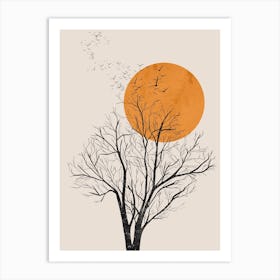 Abstract Tree, Birds and Orange Sun Art Print