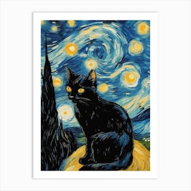 The Starry Night, Vincent Van Gogh Inspired black Cat Art Print Art Print