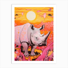 Floral Abstract Orange Linocut Inspired Rhino 2 Art Print