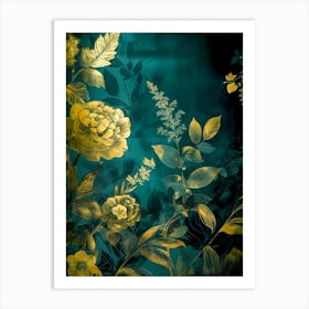 Gold And Teal Floral Painting nature flower Art Print