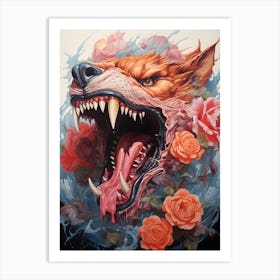 Wolf With Roses Art Print