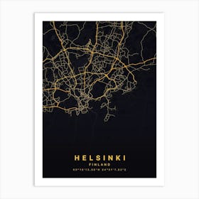 Helsinki Uusimaa Finland Black And Gold Map Art Print