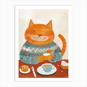 Happy Orange Cat Having Breakfast Folk Illustration 4 Art Print