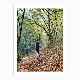 Autumn Walk in the Forest. Walking along a leaf-covered path in a dense forest. The trees are tall and their branches form a canopy overhead, with sunlight filtering through the leaves, creating a serene and picturesque scene. Art Print