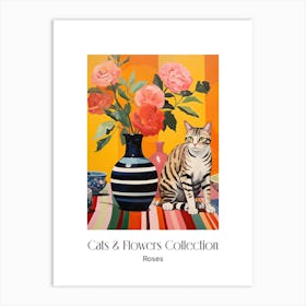 Cats & Flowers Collection Rose Flower Vase And A Cat, A Painting In The Style Of Matisse 1 Art Print