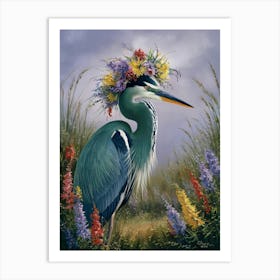 Blue Heron With Flower Crown Art Print