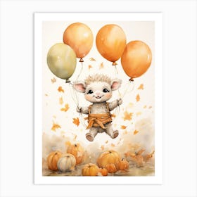 Sheep Flying With Autumn Fall Pumpkins And Balloons Watercolour Nursery 3 Art Print