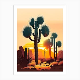 Joshua Trees At Sunrise Retro Illustration (1) Art Print