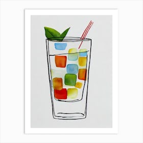 Old Fashioned Minimal Line Drawing With Watercolour Cocktail Poster Art Print