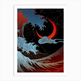 Night In The Ocean Red Waves Art Moon Dark Japanese Wave Art Print