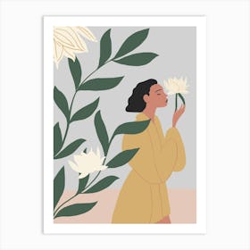 Illustration Of A Woman Smelling Flowers Art Print