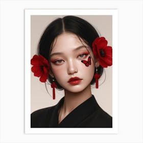 Asian Girl With Red Flowers Art Print