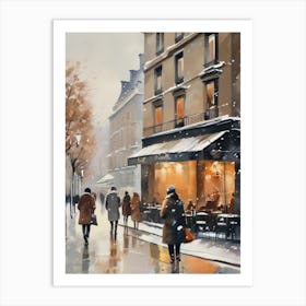 Paris cafes, winter season, Christmas, autumn oil colors, pale colors, pedestrians in the street, winter clothes, falling snow.11 Art Print