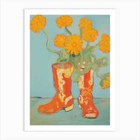 Painting Of Yellow Flowers And Cowboy Boots, Oil Style 13 Art Print