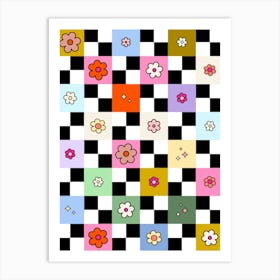 Checkered Daisies Retro Colorful Flower Check Art Print